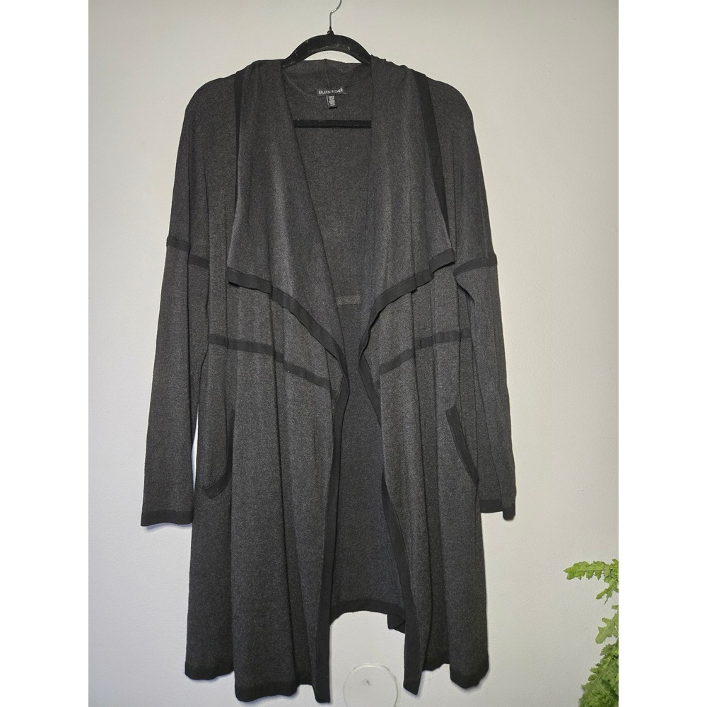 Eileen‎ Fisher Black Open Front Long Cardigan Medium Minimalist Drape Sweater